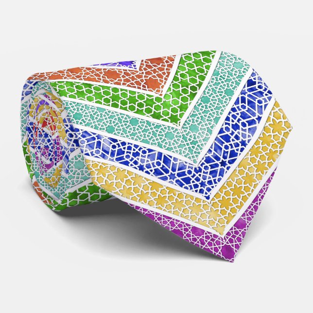 Rainbow Watercolor Moroccan Lattice Chevrons Tie (Rolled)