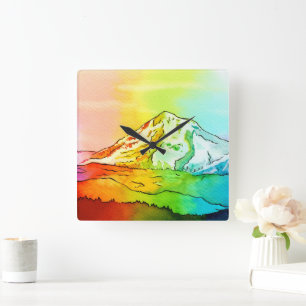 Rainbow Watercolor Mount Hood Square Wall Clock