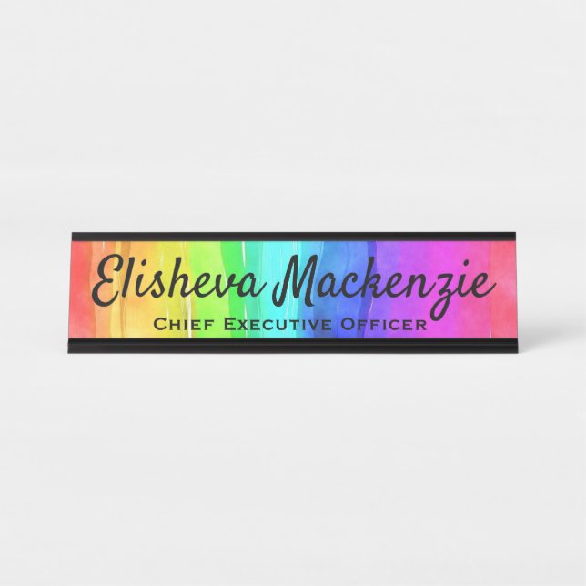 Rainbow Watercolor Office Desk Signs Sign Plate (Front)