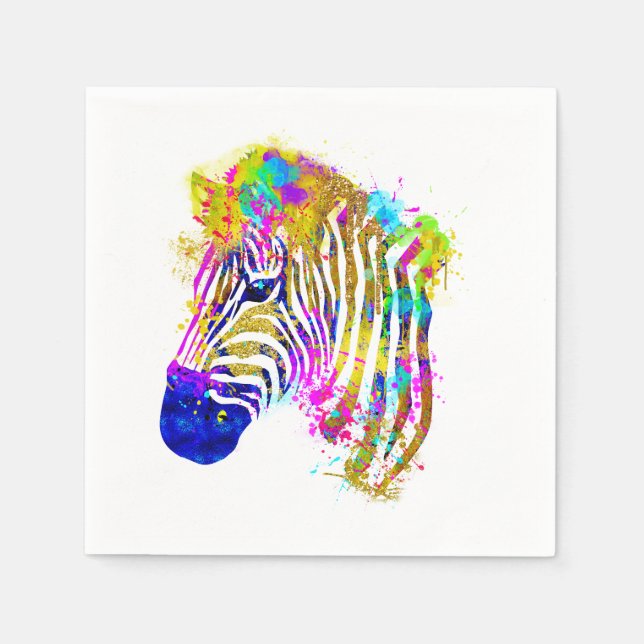 Rainbow Watercolor Paint Splatter Zebra Graphic Napkin (Front)