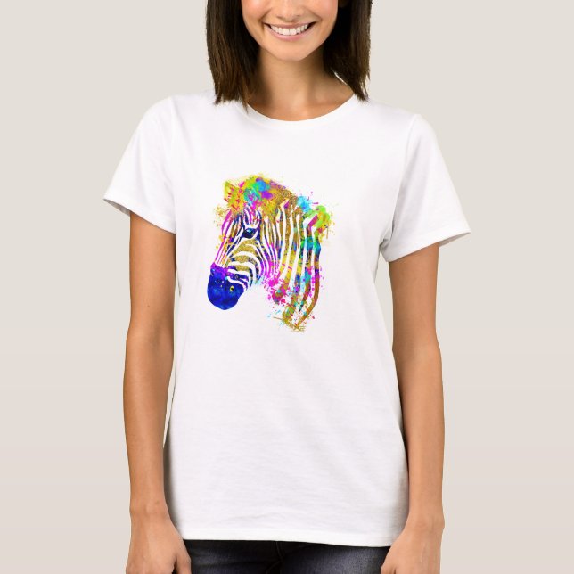 Rainbow Watercolor Paint Splatter Zebra Graphic T-Shirt (Front)