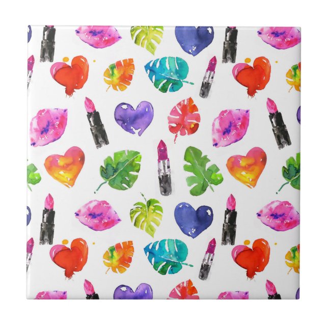 Rainbow watercolor palm leaves pin kiss lipsticks tile (Front)