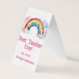 rainbow watercolor pastel best teacher ever est business card