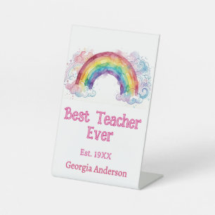 rainbow watercolor pastel best teacher ever est pedestal sign