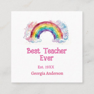 rainbow watercolor pastel best teacher ever est square business card