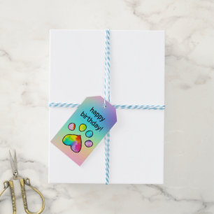 Rainbow Watercolor Paw Print Birthday Party Gift Tags