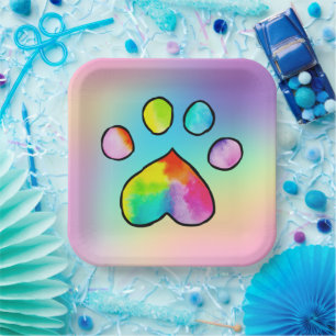 Rainbow Watercolor Paw Print Birthday Party Paper Plate