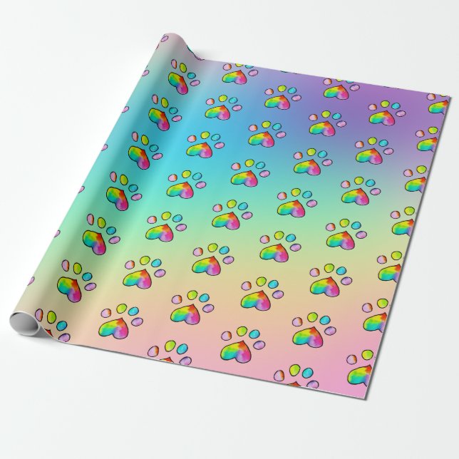 Rainbow Watercolor Paw Print Birthday Party Wrapping Paper (Unrolled)