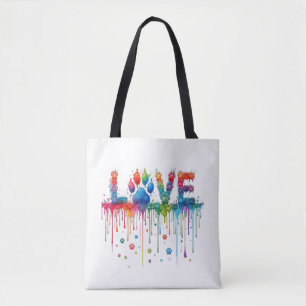 Rainbow Watercolor Paw Print LOVE Pet Lover Tote B Bag