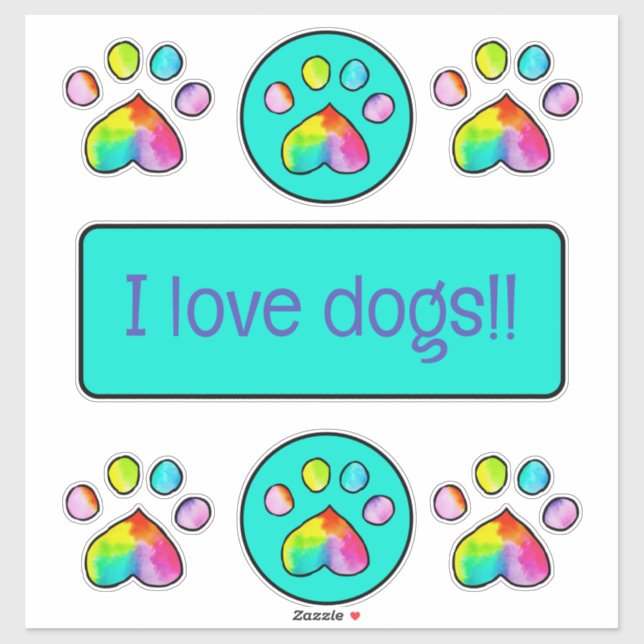 Rainbow Watercolor Paw Prints "I Love Dogs" (Sheet)