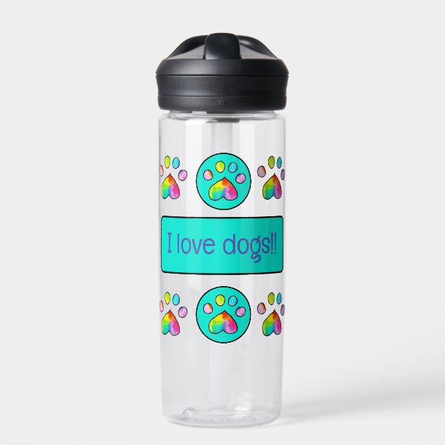 Rainbow Watercolor Paw Prints "I Love Dogs" Water Bottle (Front)
