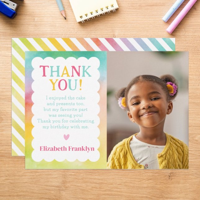 Rainbow Watercolor Photo Custom Kids  Thank You Card (Creator Uploaded)