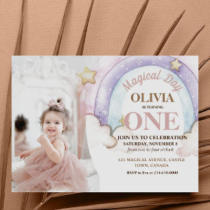  Rainbow Watercolor Photograph 1th Birthday Invitation