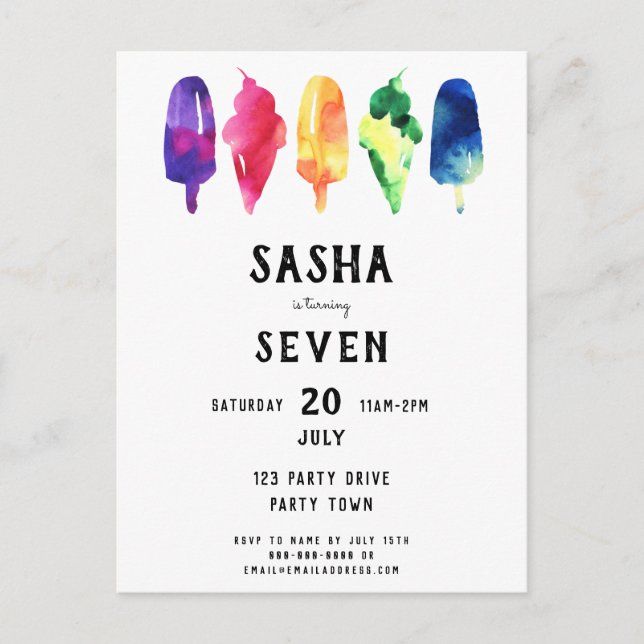 Rainbow Watercolor Popsicles Ice Cream Birthday Invitation Postcard (Front)