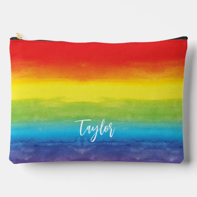 Rainbow Watercolor Purple Red Monogram Name Accessory Pouch (Front)
