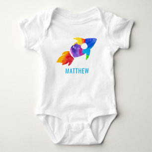 Rainbow Watercolor Rocket Outer Space Kids Baby Bodysuit