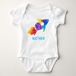 Rainbow Watercolor Rocket Outer Space Kids Baby Bodysuit