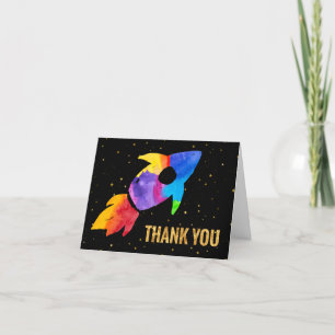 Rainbow Watercolor Rocket Outer Space Thank You Card