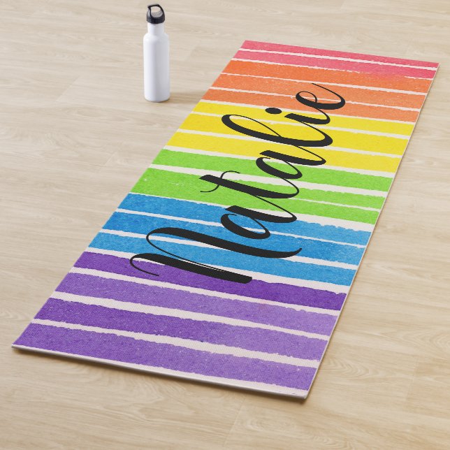 Rainbow Watercolor Script Monogram Name Yoga Mat (In Situ)