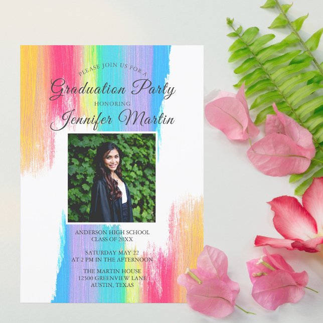 Rainbow Watercolor Senior Photo Graduation Party Invitation (Creator Uploaded)