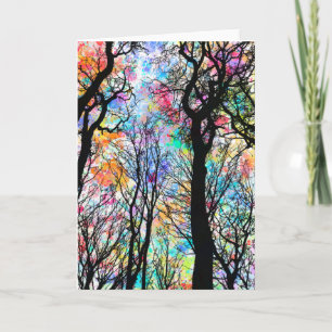 Rainbow watercolor sky, black silhouette trees card