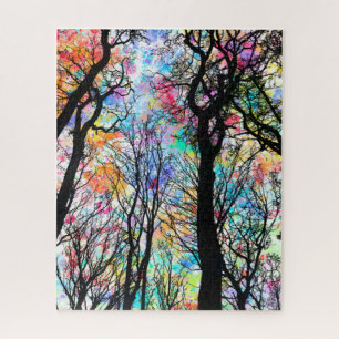 Rainbow watercolor sky, black silhouette trees jigsaw puzzle