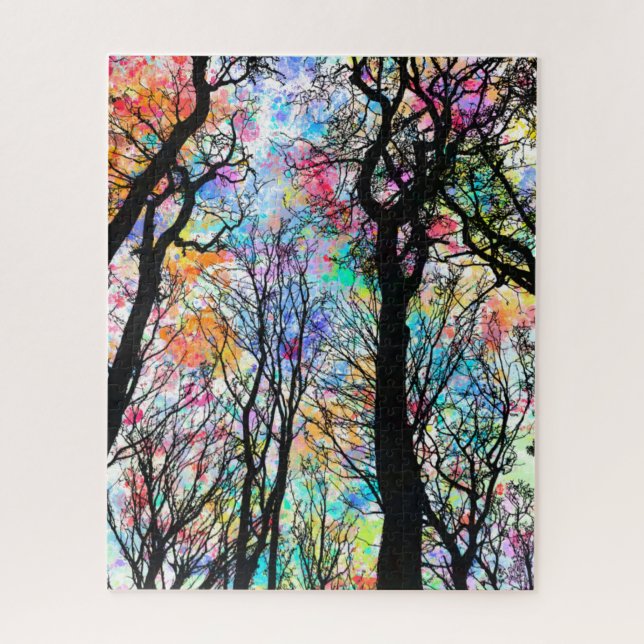 Rainbow watercolor sky, black silhouette trees jigsaw puzzle (Vertical)