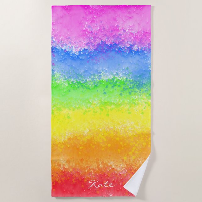 Rainbow watercolor splatter custom personalised beach towel (Front)