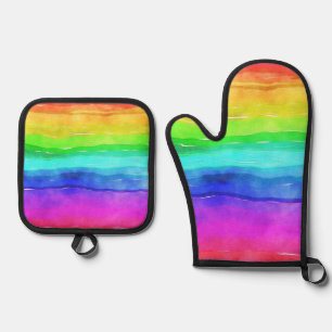 Rainbow Watercolor Stripes Design Oven Mitt & Pot Holder Set