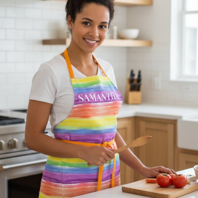 Rainbow Watercolor Stripes Monogram name Apron (Creator Uploaded)