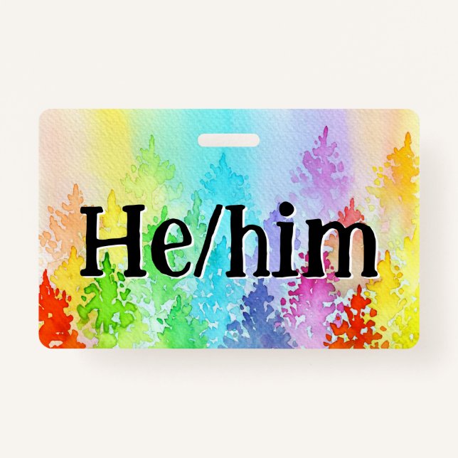 Rainbow Watercolor Trees Pronouns Badge ID Badge (Front)