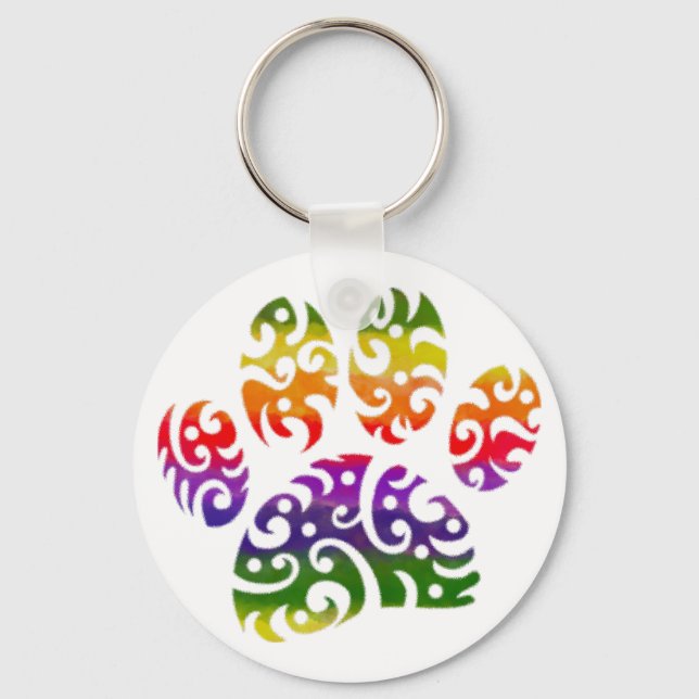 Rainbow Watercolor Tribal Dog Paw Tattoo Print Key Ring (Front)