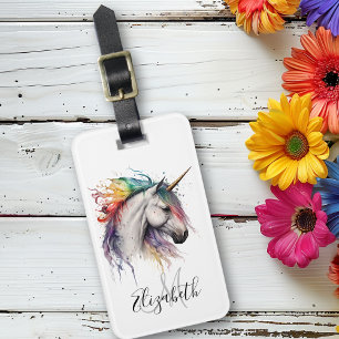 Rainbow Watercolor Unicorn Monogram Luggage Tag