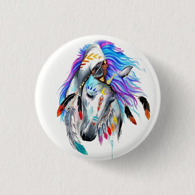 Rainbow watercolor war horse 3 cm round badge (Front)