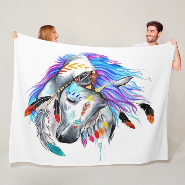 Rainbow watercolor war horse fleece blanket (In Situ)