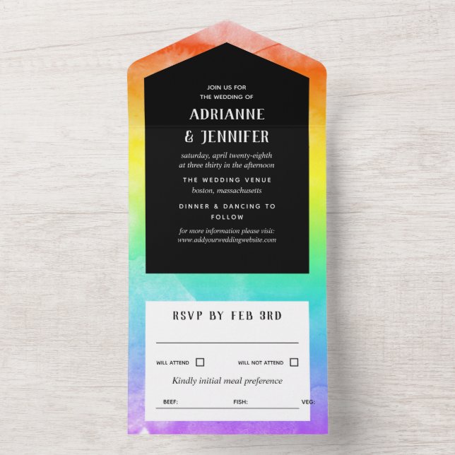 Rainbow Watercolor Wash LGBT Wedding All In One Invitation (Inside)