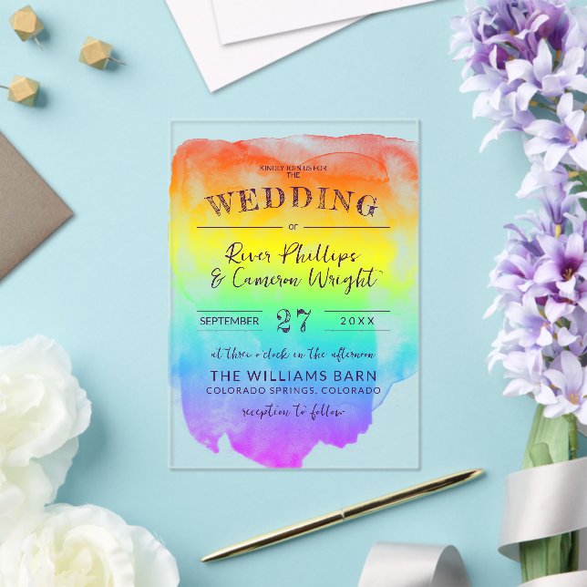 Rainbow Watercolor Wash LGBTQ Wedding Acrylic Invitations (Insitu (Wedding))