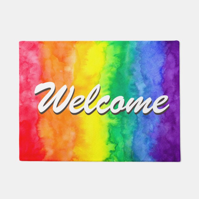 Rainbow Watercolor Wash Welcome Mat (Front)