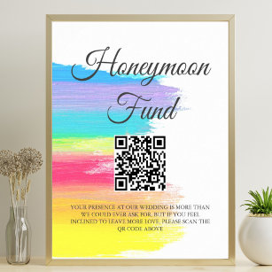 Rainbow Watercolor Wedding Honeymoon Fund QR Code Poster