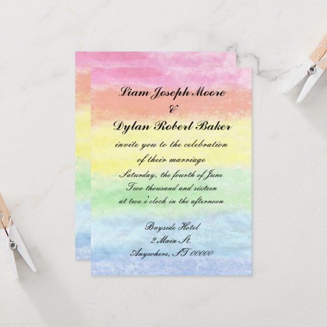 "Rainbow Watercolor" Wedding Invitations (Front/Back In Situ)