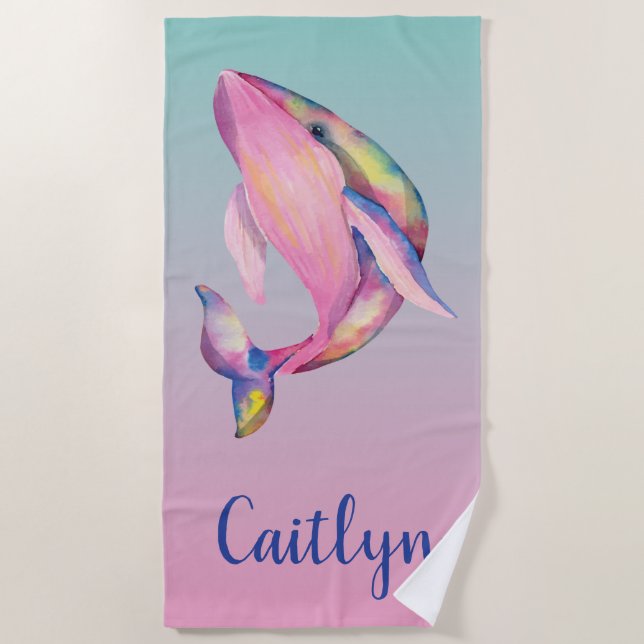 Rainbow Watercolor Whale Beach Towel (Front)
