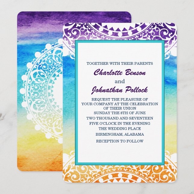 Rainbow Watercolor White Mandala Wedding Invitation (Front/Back)