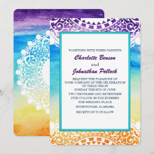 Rainbow Watercolor White Mandala Wedding Invitation