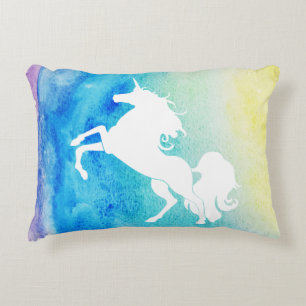 Rainbow Watercolor White Unicorn Decorative Cushion