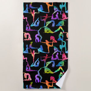 Rainbow Watercolor Yoga Poses Beach Towel