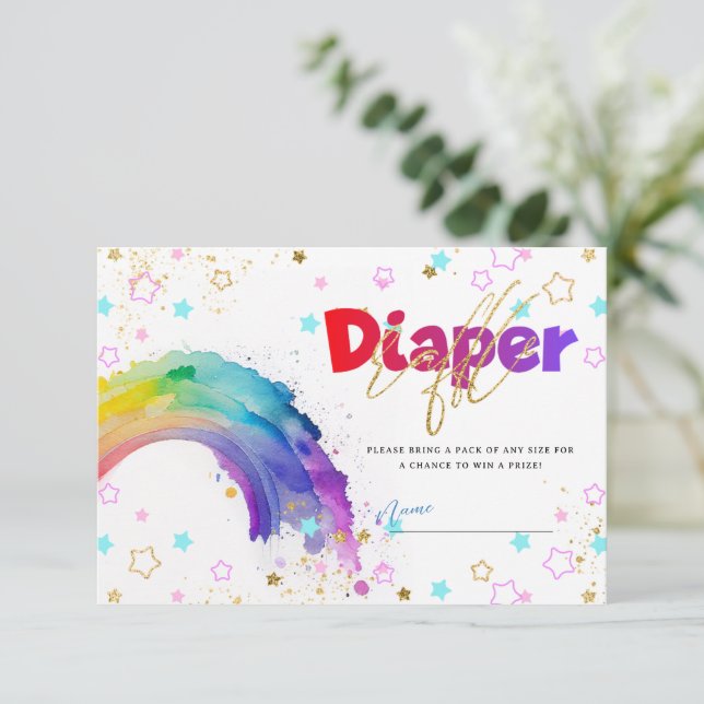 Rainbow Watercolour Baby Shower Diaper Raffle Card (Standing Front)