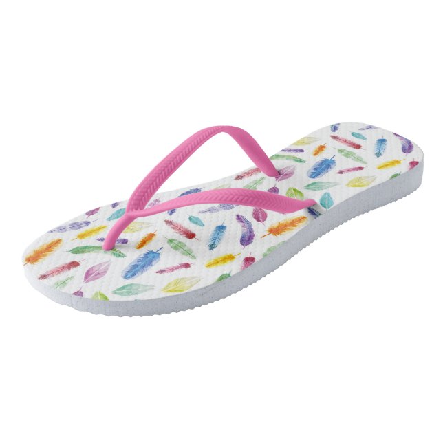 Rainbow Watercolour Feathers Summer Flip Flops (Angled)