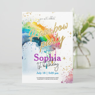 Rainbow Watercolour Gold Birthday Invitation