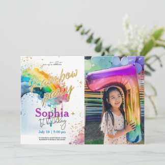 Rainbow Watercolour Gold Photo Birthday Invitation
