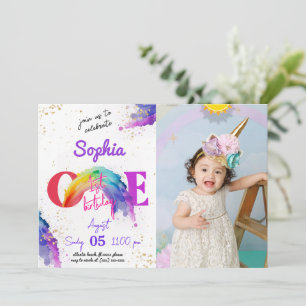 Rainbow Watercolour Photo Birthday Invitation